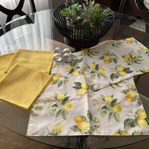 Set of Four Lemon Placemats  4 Yellow Fabric Napkins & 4 Ceramic Napkin Rings